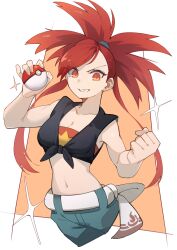 Rule 34 | 1girl, breasts, cleavage, clenched hand, collarbone, creatures (company), cropped legs, flannery (pokemon), game freak, highres, holding, holding poke ball, kamatpit, looking at viewer, medium breasts, midriff, navel, nintendo, orange eyes, poke ball, poke ball (basic), pokemon, pokemon oras, red hair, shirt, solo, sparkle, teeth, tied shirt
