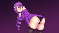 Rule 34 | 1girl, ass, bare shoulders, bent over, black thighhighs, blue eyes, breasts, dress, drill hair, hair ornament, highres, long hair, medium breasts, no bra, nottytiffy, off-shoulder, off-shoulder sweater, off shoulder, purple hair, shiny skin, sideboob, skull hair ornament, smile, solo, sweater, sweater dress, thighhighs, tongue, tongue out, zone-tan