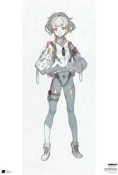 Rule 34 | 1girl, bodysuit, boots, chewing gum, full body, grey hair, hands in pockets, highres, jacket, looking at viewer, neco, original, pink eyes, simple background, solo, thigh strap, white background