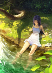 Rule 34 | 1girl, arm support, bare arms, bare legs, bare shoulders, barefoot, breasts, cleavage, closed mouth, collarbone, day, dress, closed eyes, full body, grass, highres, leaning back, long hair, on ground, original, outdoors, plant, purple hair, rock, shimotsuki eight, shore, sleeveless, sleeveless dress, small breasts, smile, soaking feet, solo, sundress, very long hair, water, white dress