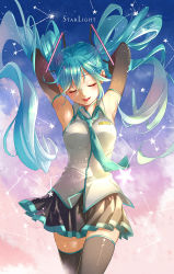 Rule 34 | 1girl, aqua hair, armpits, arms up, constellation, elbow gloves, closed eyes, gloves, hatsune miku, long hair, necktie, sakikko, skirt, solo, star (symbol), thighhighs, twintails, vocaloid
