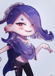 Rule 34 | 1girl, bare shoulders, black pants, blue hair, blush, bright pupils, cephalopod eyes, colored skin, earrings, eyeliner, eyes visible through hair, fangs, flat chest, groin, hachimaki, headband, highres, horizontal pupils, jewelry, long hair, makeup, multicolored skin, multiple earrings, nejiri hachimaki, nintendo, octoling, open mouth, pants, plum0o0, poncho, red eyeliner, red eyes, red skin, see-through, shiver (splatoon), smile, solo, splatoon (series), splatoon 3, tentacle hair, tooth earrings, two-tone skin, white pupils