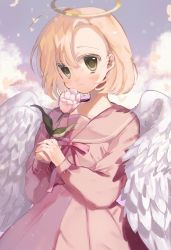 Rule 34 | 1girl, angel wings, bad id, bad twitter id, blonde hair, cloud, cloudy sky, copyright request, dress, feathered wings, flower, halo, highres, holding, holding flower, kmnk (kumanuko), pink dress, pink flower, short hair, sky, solo, white wings, wings, yellow eyes