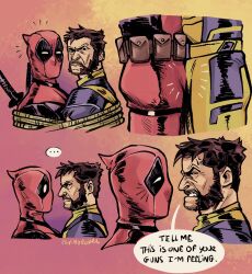 ... 2boys annoyed ass beard belt bodysuit bound brown_hair bulge closed_mouth commentary deadpool deadpool_&amp;_wolverine deadpool_(series) english_commentary english_text erection erection_under_clothes facial_hair flyingrotten frottage highres katana looking_at_another male_focus marvel marvel_cinematic_universe mask mature_male multiple_boys muscular red_bodysuit red_mask short_hair speech_bubble spoken_ellipsis sword sword_behind_back teeth tied_up_(nonsexual) two-tone_bodysuit weapon wolverine_(x-men) x-men yaoi yellow_bodysuit