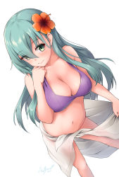 Rule 34 | 1girl, artist name, awa yume, bare arms, bare shoulders, bikini, blush, breasts, cleavage, closed mouth, collarbone, feet out of frame, flower, green eyes, green hair, hair between eyes, hair flower, hair ornament, highres, kantai collection, large breasts, long hair, navel, purple bikini, red flower, sarong, signature, simple background, smile, solo, suzuya (kancolle), swimsuit, white background, white sarong