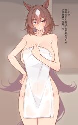Rule 34 | 1girl, absurdres, animal ears, blush, breasts, brown hair, cleavage, commentary request, cowboy shot, ear ornament, hair between eyes, hand on own hip, highres, himuraanzu, horse ears, horse girl, horse tail, indoors, large breasts, long hair, multicolored hair, naked towel, parted lips, red eyes, sirius symboli (umamusume), solo, steaming body, streaked hair, tail, towel, translation request, umamusume, very long hair, white hair, white towel