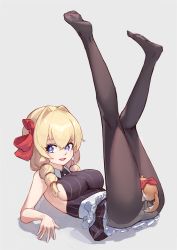 Rule 34 | 1girl, absurdres, animal, animal ears, ass, between legs, black pantyhose, blonde hair, blue eyes, bow, breasts, chinese commentary, commentary request, feet, grey background, hair between eyes, hair bow, hair intakes, hair ribbon, han (ozrfour), heart, highres, kneepits, large breasts, long hair, looking at viewer, lying, nijisanji, no bra, on back, open mouth, panties, panties under pantyhose, pantyhose, pinstripe pattern, red bow, ribbon, short hair, sideboob, simple background, sleeveless, smile, soles, solo, striped, symbol-shaped pupils, tail, underwear, vertical stripes, virtual youtuber, virtuareal, white panties, yukie (virtuareal)
