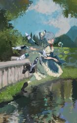Rule 34 | 1girl, absurdres, balcony, bare arms, black footwear, bloomers, blue dress, blue eyes, blue hair, blue ribbon, blue sky, boots, breasts, bush, chocolate (jitong), cirno, cloud, cloudy sky, commentary, day, dress, floating, frilled dress, frills, full body, grass, hair between eyes, hair ribbon, happy, head tilt, high heel boots, high heels, highres, ice, ice wings, lily pad, looking at viewer, medium hair, messy hair, mountain, mountainous horizon, neck ribbon, open mouth, outstretched arm, pantyhose, puffy short sleeves, puffy sleeves, red ribbon, reflection, reflective water, ribbon, scenery, short sleeves, sidelocks, sky, small breasts, smile, solo, swept bangs, teeth, touhou, tree, two-tone dress, underwear, vegetation, water, white dress, white pantyhose, wings