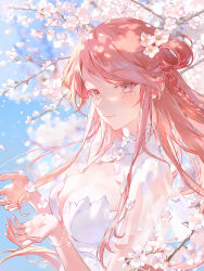 Rule 34 | 1girl, blue sky, blush, breasts, cherry blossoms, dress, face focus, falling petals, flower, flower on head, highres, large breasts, long hair, looking at viewer, nails, okku, original, petals, pink hair, sky, smile, tree, white dress, yeon (okku)