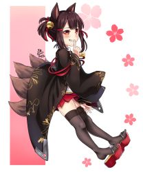 Rule 34 | 1girl, :d, akagi-chan (azur lane), animal ears, azur lane, bell, black hair, blunt bangs, bow, cherry blossom print, commentary, eyeshadow, finger to mouth, floral print, fox ears, fox girl, fox tail, full body, grin, hair bow, hair ornament, hair ribbon, hairpin, highres, japanese clothes, kitsune, kyuubi, looking at viewer, makeup, maroonabyss, multiple tails, open mouth, orange eyes, pleated skirt, red skirt, ribbon, sidelocks, signature, skirt, smile, solo, tail, thighhighs, twintails, wide sleeves, zettai ryouiki