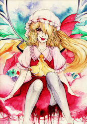 Rule 34 | 1girl, :p, bad id, bad pixiv id, blonde hair, embodiment of scarlet devil, female focus, flandre scarlet, hair over one eye, hat, highres, long hair, okunin, pantyhose, red eyes, side ponytail, slit pupils, solo, tongue, tongue out, touhou, traditional media, white pantyhose, wings