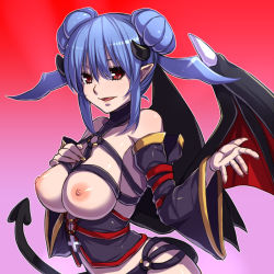 Rule 34 | 1girl, akawiro, bare shoulders, black panties, blue hair, breasts, demon girl, demon tail, demon wings, detached sleeves, double bun, female focus, fingernails, gradient background, hair between eyes, hair bun, hand on own chest, hands up, happy, head wings, horns, large breasts, lifted by self, looking at viewer, nipples, open mouth, original, panties, pointy ears, red background, red eyes, revealing clothes, shiny clothes, shiny skin, short hair, simple background, smile, solo, standing, tail, underwear, upper body, wings