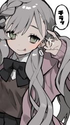 Rule 34 | 122pxsheol, 1girl, black ribbon, blank eyes, braid, earrings, grey hair, hand on own ear, highres, jewelry, long hair, original, pink sweater, razor blade earrings, ribbon, shirt, side braid, smile, solo, sweater, tongue, tongue out, white background, white shirt