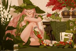 Rule 34 | absurdres, apple, dress, flower, food, fruit, glasses, grapes, hat, highres, kneehighs, long hair, looking at viewer, original, pink hair, plant, rcyang0525, shoes, shorts, sitting, sneakers, socks, tattoo, vase, very long hair, wand, witch, witch hat