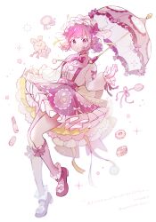 Rule 34 | 1girl, absurdres, bow, bowtie, cross-laced clothes, cross-laced sleeves, dress, flower, frilled dress, frills, hairband, highres, lolita fashion, lolita hairband, long sleeves, medium hair, momomo (m0 3), ootori emu, parasol, pink bow, pink bowtie, pink dress, pink eyes, pink flower, pink footwear, pink hair, pink ribbon, pink socks, pink theme, project sekai, puffy long sleeves, puffy sleeves, ribbon, shirt, shoes, sidelocks, simple background, socks, solo, twintails, umbrella, white background, white shirt