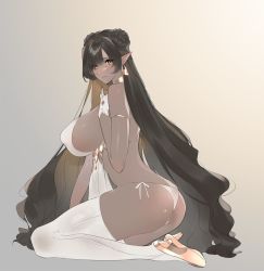 Rule 34 | 1girl, ameno itsuki (shouko829), arm support, armlet, ass, back, black hair, boots, braid, breasts, commentary request, covered erect nipples, dark-skinned female, dark elf, dark skin, earrings, elf, from side, full body, gloves, gold choker, gold earrings, grey background, high heel boots, high heels, highres, huge breasts, jewelry, lingerie, lips, looking at viewer, looking to the side, negligee, original, panties, parted lips, pointy ears, side-tie panties, sideboob, simple background, sitting, solo, thick thighs, thigh boots, thighhighs, thighs, underwear, wariza, wavy hair, white footwear, white gloves, white panties, white thighhighs, yellow eyes
