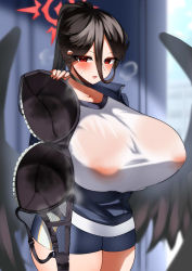 Rule 34 | 1girl, absurdres, black bra, black hair, blue archive, blue jacket, blue pants, blush, bra, unworn bra, breasts, commentary request, covered erect nipples, embarrassed, frilled bra, frills, gym shirt, gym shorts, gym uniform, hair between eyes, halo, hasumi (blue archive), hasumi (track) (blue archive), heavy breathing, highres, holding, holding bra, holding clothes, holding underwear, huge breasts, jacket, large areolae, looking at viewer, no bra, official alternate costume, open clothes, open jacket, open mouth, outstretched arm, paid reward available, pants, ponytail, presenting bra, school uniform, shirt, shorts, solo, steam, sweatdrop, taut clothes, taut shirt, thighs, tiamat (momokuri mannen), tight clothes, tight pants, track jacket, underwear