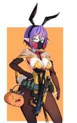 Rule 34 | 1girl, animal ears, between breasts, black hairband, breasts, brown gloves, brown pantyhose, candy, cleavage, commentary request, elbow gloves, fake animal ears, fingerless gloves, food, glock, gloves, green eyes, gun, hair between eyes, hairband, halloween bucket, handgun, highres, large breasts, leotard, looking at viewer, orange background, original, pantyhose, playboy bunny, pointy ears, purple hair, rabbit ears, respirator, sate, short hair, solo, strapless, strapless leotard, tactical playboy bunny, two-tone background, weapon, weapon request, white background, yellow leotard
