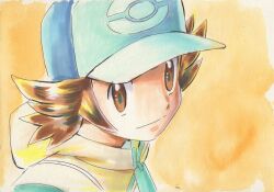 Rule 34 | 1boy, alternate color, baseball cap, brown eyes, brown hair, commentary request, creatures (company), game freak, hat, hilbert (pokemon), iwane masaaki, jacket, looking at viewer, male focus, nintendo, pokemon, pokemon masters ex, solo, split mouth, upper body, yellow background, zipper pull tab