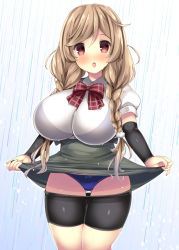 Rule 34 | akikaze tsumuji, arm warmers, bike shorts, blue bra, blue panties, blush, bow, bowtie, bra, braid, bralines, breasts, brown eyes, clothes pull, cloud hair ornament, collared shirt, cowboy shot, gluteal fold, hair ribbon, huge breasts, impossible clothes, kantai collection, large breasts, light brown hair, low twin braids, minegumo (kancolle), open mouth, panties, plaid neckwear, pleated skirt, rain, red neckwear, ribbon, see-through, shirt, shorts, shorts pull, skirt, skirt hold, surprised, suspender skirt, suspenders, twin braids, underwear, wet, wet clothes, wet shirt, white shirt