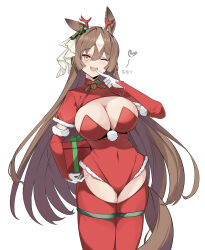 Rule 34 | 1girl, alternate costume, animal ears, blush, breasts, brown hair, cleavage, commentary request, detached sleeves, groin, hair between eyes, hair ornament, highres, horse ears, horse tail, keycccat, large breasts, looking at viewer, one eye closed, open mouth, pointing, pointing at self, santa costume, satono diamond (umamusume), simple background, tail, thighhighs, umamusume, white background