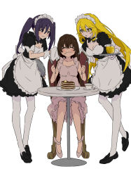 Rule 34 | 3girls, ^ ^, absurdres, alternate costume, apron, black bow, black bowtie, black footwear, blonde hair, blush, bow, bowtie, breasts, brown hair, cleavage, closed eyes, commentary, cup, detached collar, dolly (toaru kagaku no railgun), dress, dress bow, eating, enmaided, female focus, food, food on face, fork, frilled dress, frills, full body, gloves, highres, holding, holding fork, holding knife, holding tray, honey, invisible floor, knife, kouzaku mitori, leaning forward, loafers, long hair, looking at another, maid, maid apron, maid headdress, medium breasts, multiple girls, pancake, pancake stack, pink dress, plate, puffy short sleeves, puffy sleeves, purple hair, shoes, shokuhou misaki, short hair, short sleeves, sidelocks, simple background, sitting, star-shaped pupils, star (symbol), symbol-shaped pupils, teacup, teruya (6w6y), thighhighs, toaru kagaku no railgun, toaru majutsu no index, tray, twintails, white background, white gloves, white thighhighs, wing collar, wrist cuffs