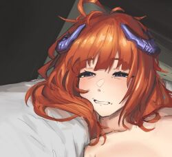 Rule 34 | 1girl, arknights, bagpipe (arknights), collarbone, commentary, dragon girl, dragon horns, half-closed eyes, horns, light blush, limmy waking up (meme), long hair, looking afar, meme, messy hair, nude, orange hair, parted lips, pillow, purple eyes, radioneet, sleepy, solo, symbol-only commentary, waking up
