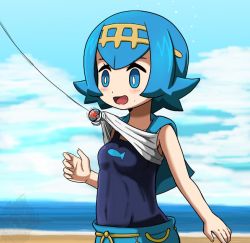 Rule 34 | 1girl, bad id, bad twitter id, bare arms, beach, blue eyes, blue hair, blue sailor collar, blue sky, blush, breasts, clothes lift, cloud, covered navel, creatures (company), day, fishing hook, fishing line, fishing rod, game freak, hair ornament, kiawe (pokemon), lana (pokemon), nintendo, ocean, one-piece swimsuit, open mouth, outdoors, pants, pokemon, pokemon sm, sailor collar, shirt, shirt lift, short hair, sky, sleeveless, sleeveless shirt, small breasts, solo, surprised, sweatdrop, swimsuit, swimsuit under clothes, takamame, upper body, wide-eyed