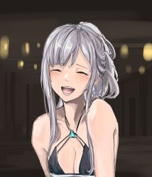 Rule 34 | 1girl, ak-12 (girls&#039; frontline), ak-12 (quiet azure) (girls&#039; frontline), aqua dress, bare shoulders, blurry, blurry background, blush, breasts, cleavage, closed eyes, collarbone, commentary, dress, girls&#039; frontline, grey hair, hair ornament, highres, lithographica, long hair, medium breasts, official alternate costume, open mouth, parted lips, smile, solo, upper body