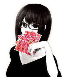 Rule 34 | 1girl, bad id, bad pixiv id, black hair, black shirt, card, collarbone, colored skin, covering own mouth, frown, holding, holding card, looking at viewer, monochrome, original, playing card, poaro, shirt, solo, spot color, upper body, v-neck, white background, white skin