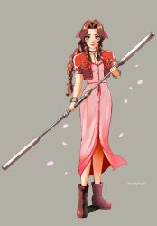 Rule 34 | 1girl, aerith gainsborough, bangle, boots, bracelet, braid, braided ponytail, breasts, buttons, cropped jacket, dress, falling petals, final fantasy, final fantasy vii, full body, green eyes, grey background, hair ribbon, highres, holding, holding staff, jacket, jewelry, long dress, long hair, medium breasts, parted bangs, petals, pink dress, red jacket, ribbon, short sleeves, sidelocks, smile, softp3ach, staff, standing, unbuttoned dress, wavy hair