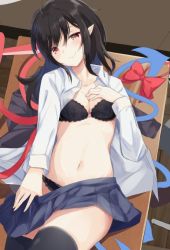 Rule 34 | 1girl, asymmetrical wings, black bra, black hair, black panties, black thighhighs, blue skirt, blue wings, blush, bow, bowtie, unworn bowtie, bra, breasts, cleavage, collarbone, commentary request, cowboy shot, from above, hand on own chest, head tilt, houjuu nue, igayan, lace, lace-trimmed bra, lace-trimmed panties, lace trim, long hair, long sleeves, looking at viewer, lying, medium breasts, miniskirt, navel, on back, open clothes, open shirt, panties, pleated skirt, pointy ears, red bow, red eyes, red wings, shirt, skirt, smile, solo, stomach, table, thighhighs, thighs, touhou, underwear, unfinished, white shirt, wings, wooden floor