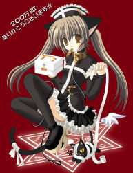 Rule 34 | 1girl, animal ears, bandages, bandaid, brown eyes, brown hair, cat, cat ears, goth fashion, long hair, maid, mouth hold, nekoneko, nurse, skirt, solo, tail, thighhighs, twintails