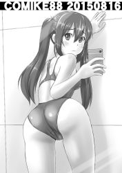 Rule 34 | 1girl, ass, cellphone, competition swimsuit, from behind, greyscale, highres, looking back, monochrome, one-piece swimsuit, original, phone, solo, swimsuit, tk4