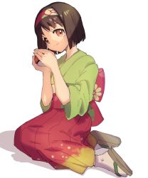 Rule 34 | 1girl, ankea (a-ramo-do), black hair, brown eyes, brown footwear, closed mouth, creatures (company), erika (pokemon), female focus, full body, game freak, gym leader, hairband, hands up, happy, highres, holding, holding poke ball, japanese clothes, kimono, looking at viewer, multicolored clothes, multicolored kimono, nintendo, obi, poke ball, poke ball (basic), pokemon, pokemon lgpe, red hairband, sandals, sash, short hair, simple background, sitting, smile, socks, solo, white background, white socks, yokozuwari