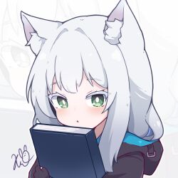 Rule 34 | 1girl, :o, animal ear fluff, animal ears, arknights, black gloves, black jacket, book, cat ears, colored eyelashes, commentary, fingerless gloves, gloves, green eyes, grey hair, highres, hood, hood down, hooded jacket, hugging object, jacket, kurotofu, long hair, looking at viewer, parted lips, quan (kurisu tina) (style), rosmontis (arknights), signature, simple background, solo, upper body, white background, zoom layer