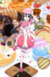 Rule 34 | 1girl, :o, absurdres, basket, black hair, cake, candy, checkerboard cookie, cherry, cookie, doughnut, elbow gloves, food, food-themed clothes, fruit, gloves, hand on headwear, hat, heart, highres, in food, k-on!, konpeitou, leg up, macaron, mini person, minigirl, nakano azusa, oku no shi, oversized object, pancake, pink gloves, pink legwear, red eyes, solo, standing, standing on one leg, star (symbol), twintails, waffle