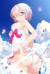 Rule 34 | 1girl, adjusting clothes, ass, bare shoulders, black-framed eyewear, blurry, bow, breasts, cloud, cloudy sky, commentary request, day, depth of field, dress, fate/grand order, fate (series), glasses, hair over one eye, lens flare, light purple hair, looking at viewer, looking back, machimura komori, mash kyrielight, mash kyrielight (swimsuit of perpetual summer), medium breasts, official alternate costume, outdoors, panties, pink bow, purple eyes, short hair, sky, solo, sparkle, underwear, upskirt, water drop, wet, white dress, white panties