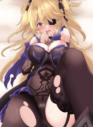 Rule 34 | 1girl, bare shoulders, black footwear, black ribbon, blonde hair, blush, bow, bowtie, breasts, collar, eyepatch, fischl (genshin impact), garter straps, genshin impact, gloves, green eyes, hair over one eye, hair ribbon, highres, leotard, long hair, looking at viewer, lying, medium breasts, nervous, on back, on bed, open mouth, pantyhose, purple bow, purple bowtie, ribbon, single sleeve, single thighhigh, solo, tailcoat, thighhighs, tonchinkan, torn clothes, torn pantyhose, torn thighhighs, two side up