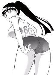 Rule 34 | 1girl, ass, breasts, ebino mei, from behind, hatsukoi zombie, large breasts, long hair, monochrome, official art, ponytail, shirt, sleeveless, sleeveless shirt, sportswear, thick eyebrows, thighs, volleyball uniform