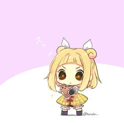 Rule 34 | 1girl, :&lt;, biyon, blonde hair, bloomers, blunt bangs, chibi, commentary request, double bun, dress, full body, hair bun, hair ribbon, haniwa (statue), holding, joutouguu mayumi, lowres, medium hair, outstretched arms, pink background, ribbon, short sleeves, simple background, solo, sparkle, touhou, twitter username, underwear, v-shaped eyebrows, vambraces, white background, white ribbon, yellow dress