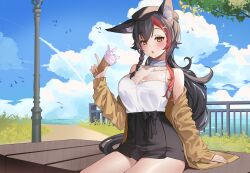 Rule 34 | 1girl, animal ear fluff, animal ears, beret, bird, black hair, black skirt, blue sky, blush, bone hair ornament, breasts, brown cardigan, cardigan, cleavage, cloud, day, food, hair ornament, hairclip, halter shirt, halterneck, hat, highres, hololive, ice cream, large breasts, long hair, looking at viewer, medium breasts, miniskirt, multicolored hair, official alternate costume, ookami mio, ookami mio (street), open cardigan, open clothes, otakueden1995, outdoors, park, pleated skirt, red hair, scenery, shirt, sitting, skirt, sky, sleeveless, sleeveless shirt, solo, streaked hair, thighhighs, thighs, too many, too many birds, virtual youtuber, white shirt, wide ponytail, wolf ears, wolf girl, zettai ryouiki