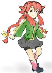 Rule 34 | 1girl, atlus, boots, braid, cosplay, drawfag, green eyes, highres, jacket, latenight, long hair, persona, persona 4, rebecca streisand, red hair, satonaka chie, satonaka chie (cosplay), shorts under skirt, sidelocks, skirt, solo, track jacket, twin braids, white background, wild arms, wild arms 5
