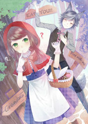 Rule 34 | 1boy, 1girl, ?, animal ears, apron, basket, big bad wolf, blue dress, boots, brown hair, capelet, cross-laced footwear, curly hair, dress, finger to mouth, food, forest, frown, gloves, green eyes, grey hair, highres, hood, lace-up boots, little red riding hood, little red riding hood (grimm), multicolored hair, nature, neck ribbon, one eye closed, ribbon, shirt, sidelocks, sign, smile, striped clothes, striped shirt, sweets, swept bangs, two-tone hair, waistcoat, white gloves, wink, wolf ears, yellow eyes