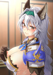 Rule 34 | 1girl, abo (hechouchou), animal ears, armor, blurry, blurry background, blush, braid, breasts, brown eyes, brown gloves, closed mouth, commentary request, erune, flashing, gloves, granblue fantasy, green hairband, grey hair, hair between eyes, hairband, heles, large breasts, long hair, looking at viewer, nipples, one breast out, single braid, solo, sweat, upper body, very long hair