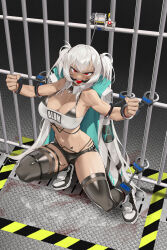 Rule 34 | 1girl, absurdres, alabama (azur lane), angry, aronman, azur lane, ball gag, bare shoulders, bars, bikini, bikini under clothes, black bikini, black footwear, black thighhighs, blood, blood on clothes, blood stain, body markings, bound, breasts, chinese commentary, cleavage, clenched hands, clothes writing, coat, coat on shoulders, collarbone, commentary request, commission, cuffs, dark-skinned female, dark skin, detached collar, facial mark, full body, gag, gagged, hair between eyes, handcuffs, highleg, highleg bikini, highres, iron bars, large breasts, long coat, long hair, looking at viewer, navel, open clothes, open coat, prison, prison cell, red eyes, restrained, saliva, saliva trail, second-party source, shackles, shadow, shoes, short shorts, shorts, sidelocks, skindentation, sneakers, solo, squatting, strapless, sweat, swimsuit, teeth, thighhighs, tube top, twintails, very long hair, whisker markings, white coat, white hair, white tube top