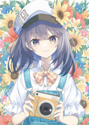 Rule 34 | 1girl, absurdres, black hair, blue flower, blue nails, bow, brown bow, cabbie hat, camera, closed mouth, collared shirt, commentary request, dress shirt, floral background, flower, grey eyes, hair between eyes, hat, hat flower, highres, holding, holding camera, kavka, looking at viewer, nail polish, original, pink flower, plaid, plaid bow, puffy short sleeves, puffy sleeves, red flower, shirt, short sleeves, smile, solo, upper body, white flower, white hat, white shirt, yellow flower