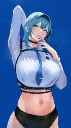 Rule 34 | 1girl, absurdres, alternate costume, arm behind head, black choker, black hairband, blue background, blue hair, blue necktie, breasts, choker, collared shirt, cropped shirt, earpiece, eula (genshin impact), finger to mouth, genshin impact, gradient eyes, hairband, harness, highres, large breasts, light smile, looking at viewer, medium hair, midriff, multicolored eyes, mymzi, navel, necktie, parted lips, shirt, solo, tie clip, upper body, white shirt