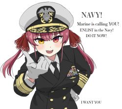 Rule 34 | 1girl, black cat03, black jacket, black necktie, breasts, buttons, commentary, double-breasted, emblem, english text, gloves, grey gloves, hat, heterochromia, highres, hololive, houshou marine, i want you, jacket, large breasts, military uniform, necktie, peaked cap, pointing, red eyes, red hair, solo, star (symbol), twintails, uniform, united states navy, upper body, virtual youtuber, yellow eyes