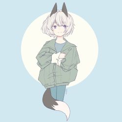 Rule 34 | 1girl, a3l41, animal ears, bomber jacket, capri pants, casual, commission, denim, eila ilmatar juutilainen, highres, jacket, jeans, pants, shirt, short hair, silver hair, smile, solo, strike witches, tail, world witches series
